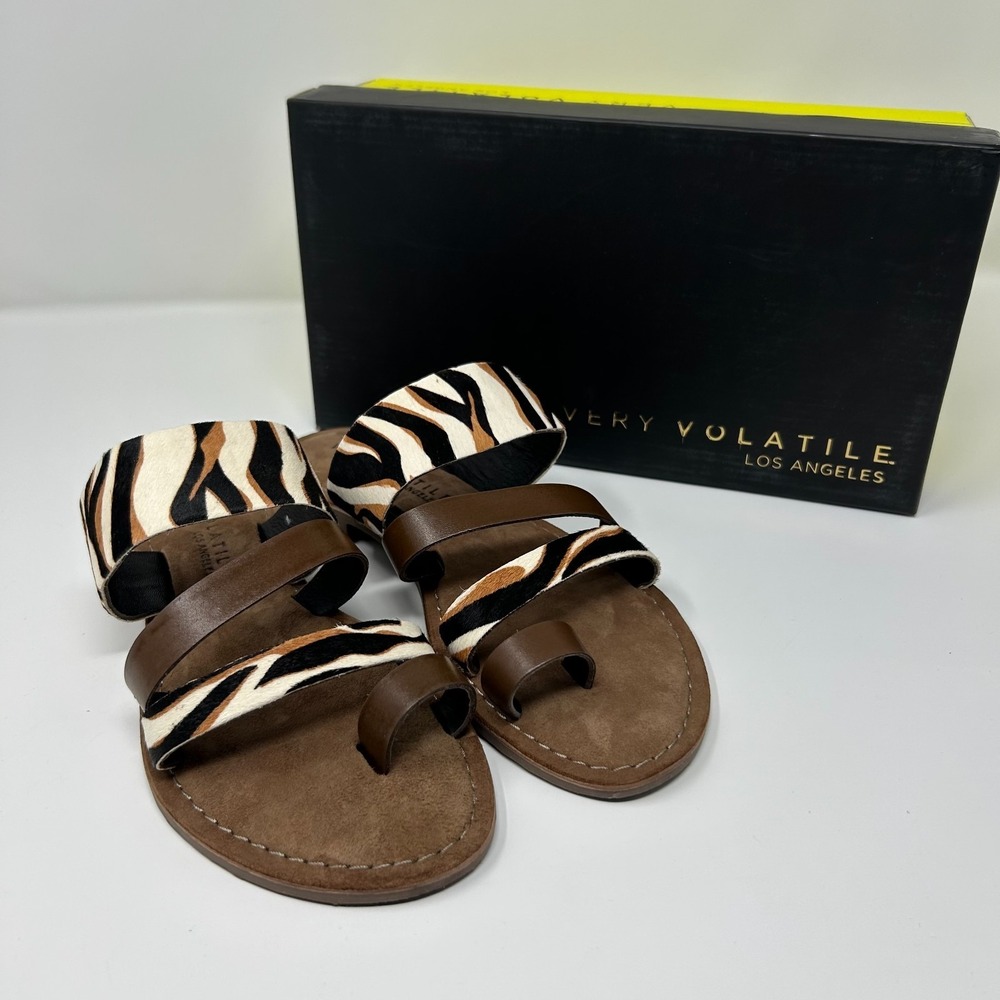 Very Volatile Jenika‎ Womens 7 Strappy Sandals Brown White Leather Animal Print